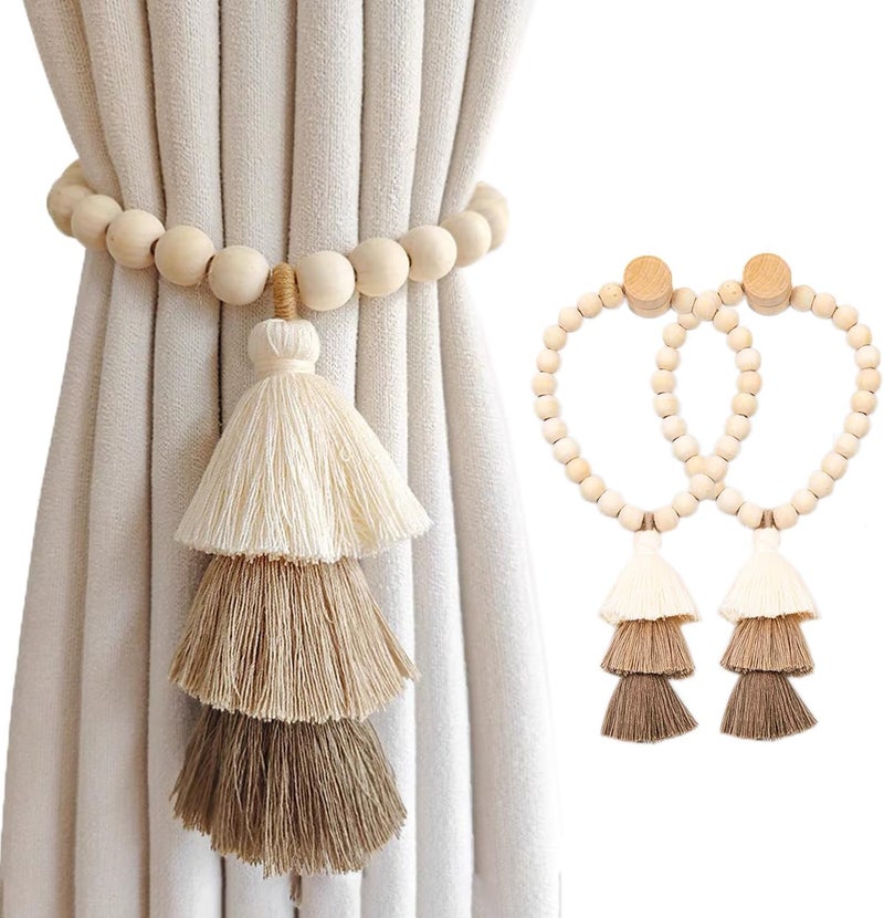 SRG Handmade Magnetic Wooden Bead Curtain Tiebacks 2 PCS | Simple Elegant Magnetic Tassel Curtain Tie Backs | Accessories Wall Decoration | Drapery Tiebacks for Bedroom Window Treatment - Image 1